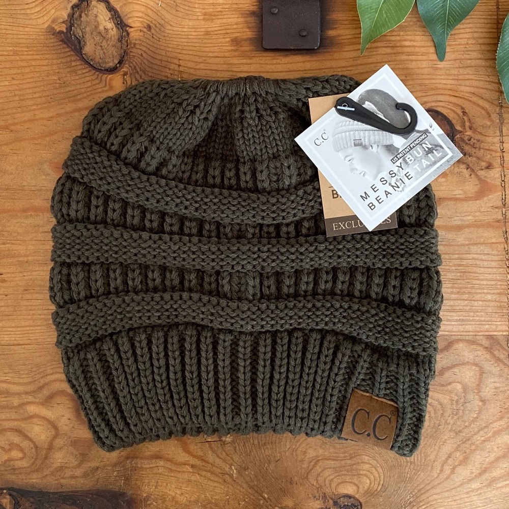 New Olive Messy Bun Ponytail CC Beanie